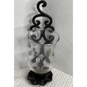 Cast Iron Folk Art Wall Sconce Candle Holder Black with Glass Votive Vtg Amish